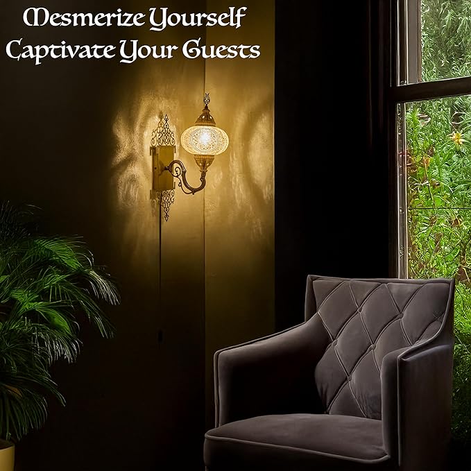 Turkish Moroccan Mosaic Plug-in Wall Sconce Lamp, Handmade Tiffany-Style Glass Globe, Ornate Brass Base, 5.2-ft Cord, Decorative Lighting for Living Room, Bedroom, Dining Room, 15x5 in, Brown & Amber
