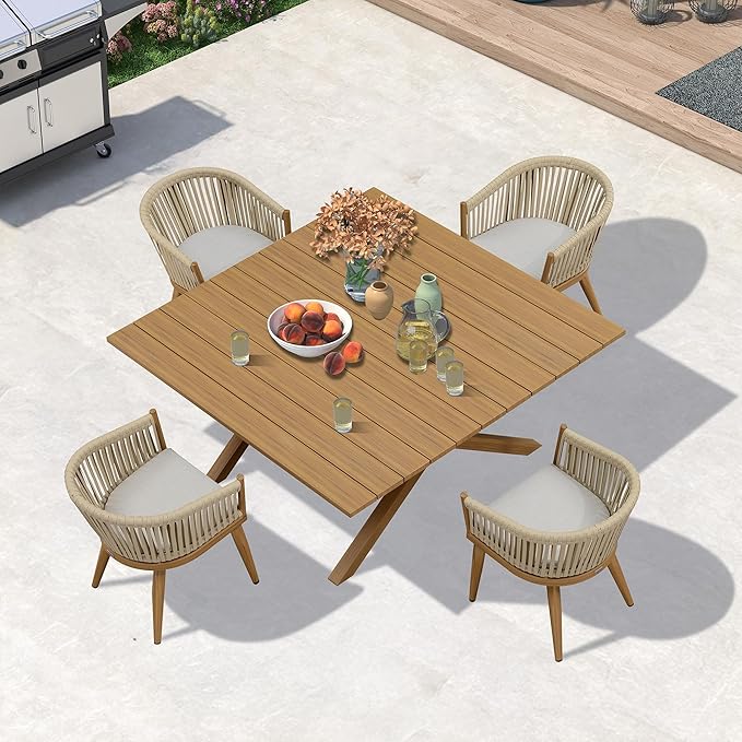 PURPLE LEAF 5 Pieces Oversized Square Outdoor Dining Table Set with Patio Aluminium Dining Table and Wicker Chairs Modern Furniture Cushions Sets for Backyard Indoor Decor Kitchen Teak