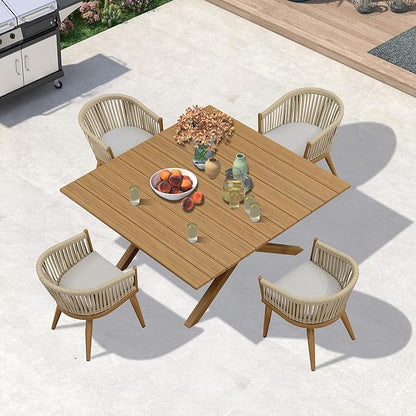 PURPLE LEAF 5 Pieces Oversized Square Outdoor Dining Table Set with Patio Aluminium Dining Table and Wicker Chairs Modern Furniture Cushions Sets for Backyard Indoor Decor Kitchen Teak