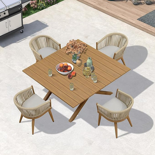PURPLE LEAF 5 Pieces Oversized Square Outdoor Dining Table Set with Patio Aluminium Dining Table and Wicker Chairs Modern Furniture Cushions Sets for Backyard Indoor Decor Kitchen Teak