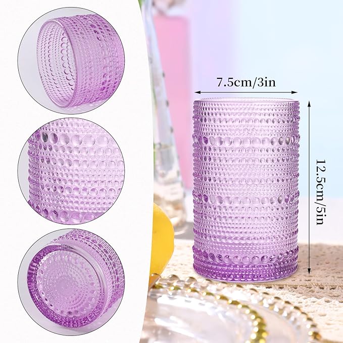 Purple Hobnail Glasses Drinking Set of 4, 12 oz Cocktail Glasses, Purple Vintage Glassware for Beer, Cocktail, Soda, Juice, Coffee and Various Mixed Drinks
