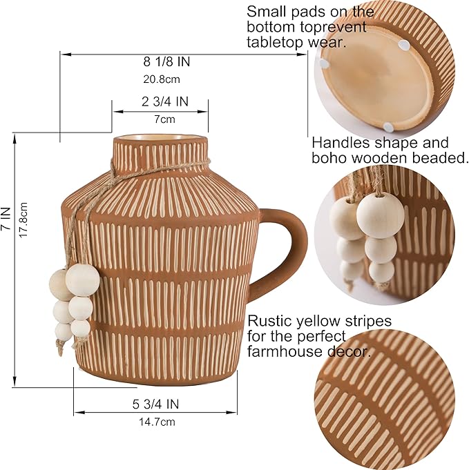 Rustic Farmhouse Vase with Handle and Boho Wooden Beads - Terracotta Vase with Vertical Stripes for Vintage Home Decor