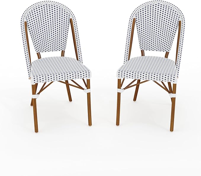 Martha Stewart Lily Pond Indoor Outdoor Stackable Bistro Outdoor Chairs with Natural Woodgrain Aluminum Frame Finish, White/Navy Woven Rattan Backrests/Seats, Set of 2