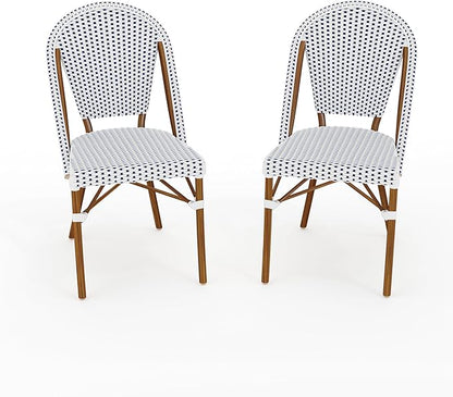 Martha Stewart Lily Pond Indoor Outdoor Stackable Bistro Outdoor Chairs with Natural Woodgrain Aluminum Frame Finish, White/Navy Woven Rattan Backrests/Seats, Set of 2