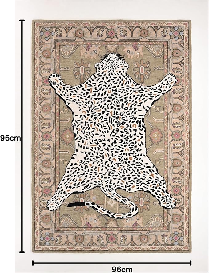 Handmade Leopard Wool Area Rug with Traditional Oushak Motif – Exquisite Animal Print Cheetah Rugs for Living Room, Bedroom | Plush Texture, Vintage Style, Thick & Durable Carpet (Neutral, 8' Round)