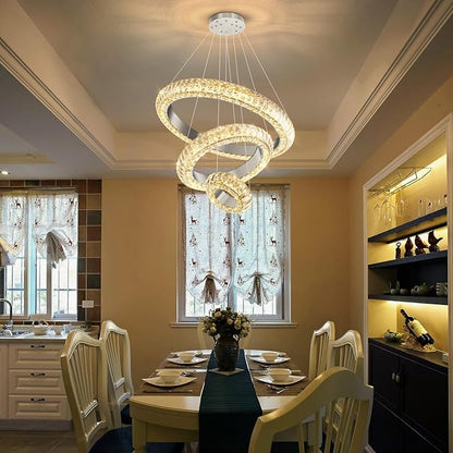 23.6" 3 Ring Crystal Chandelier Modern LED Dimmable Ring Pendant Light Round Chandelier for Dining Room Living Room Silver