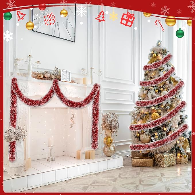 50ft Red&White Christmas Tinsel Garland Christmas Tree Garland Decorations Metallic Tinsel Glitter Twist Garlands Hanging Streamers for Indoor Xmas Holiday Decor