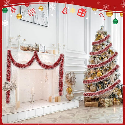 50ft Red&White Christmas Tinsel Garland Christmas Tree Garland Decorations Metallic Tinsel Glitter Twist Garlands Hanging Streamers for Indoor Xmas Holiday Decor