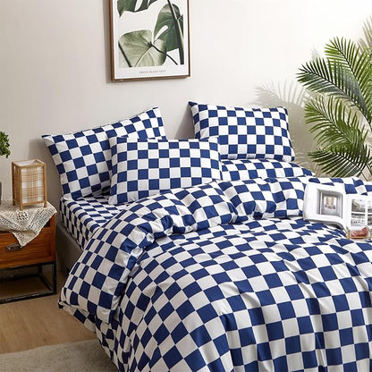 CLOTHKNOW Plaid Twin/Twin XL Comforter Sets Blue White Bedding Comforter Sets Royal Blue White Bed Comforter Blue Bedding Sets Soft