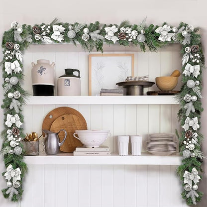 6FT Pre-Lit Christmas Garland with 20 LED Lights, Artificial Silver Garland with Pinecones, Berries, Silver Ornaments, Glitter Ribbons & Leaves, Battery Operated, for Mantle, Fireplace, Staircase,