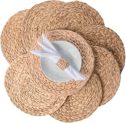 13.8" Set of 8 Round Water Hyacinth Placemats | Boho Woven Rattan Table Mats | Farmhouse Wicker Spring Plate Chargers Like Corn Husk, Seagrass for Wedding, Party, Christmas, Events
