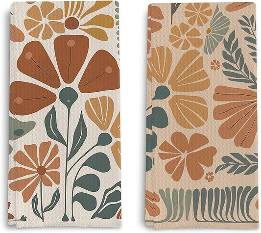 Abstract Boho Floral Kitchen Towels Retro Groovy Vintage Boho Floral