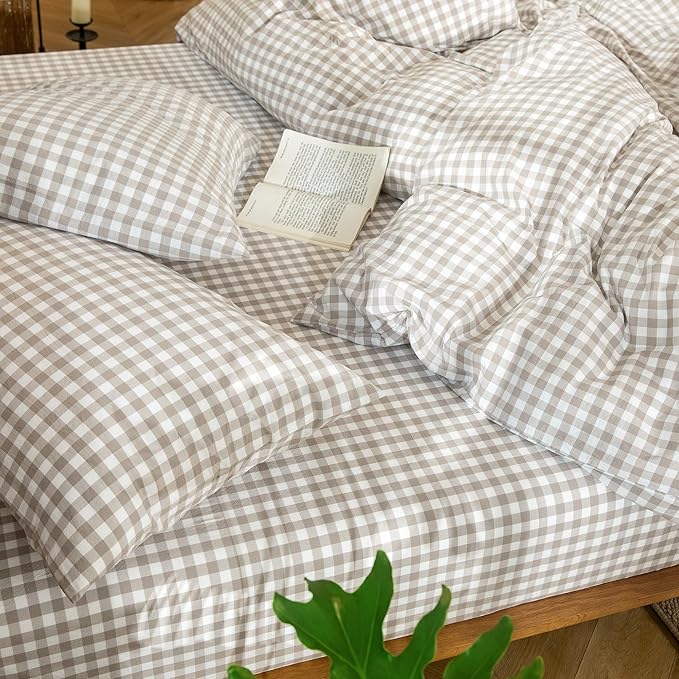 MooMee Gingham Duvet Cover Set 100% Washed Cotton Linen Like Textured Breathable Durable Soft Comfy Modern Checkered Design (Tannish Linen Grey Gingham, Cal King 104"x98")
