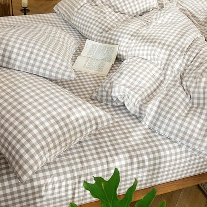 MooMee Gingham Duvet Cover Set 100% Washed Cotton Linen Like Textured Breathable Durable Soft Comfy Modern Checkered Design (Tannish Linen Grey Gingham, Queen 90"x90")