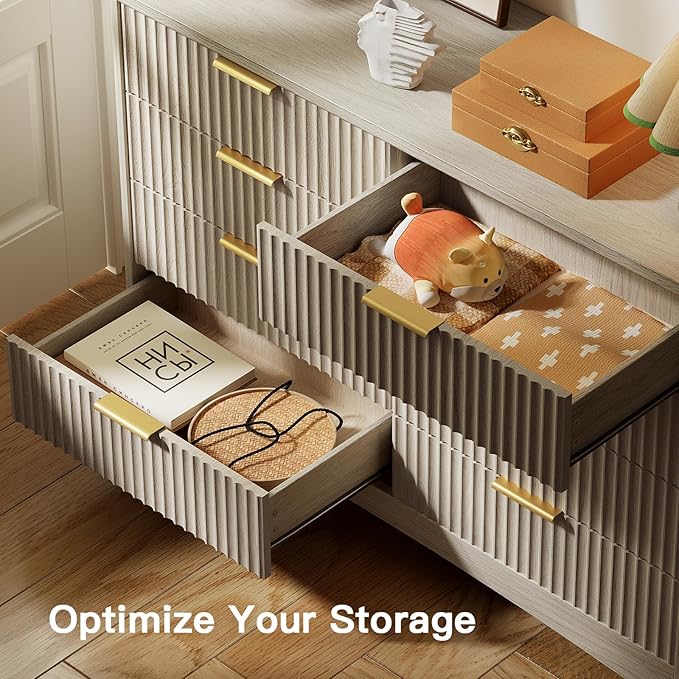 Pipishell Fluted 8 Drawers Dresser for Bedroom, 47" Wooden Drawers with Metal Handle, Dressers with Round Edge Design, Closet Clothes Storage Organizer for Bedroom, Hallway, Grey