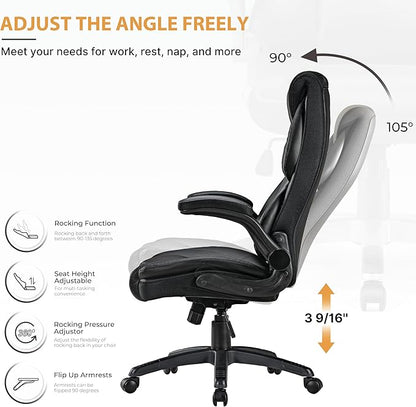 EUREKA ERGONOMIC PU Leather Desk Chair Office Executive Chair, Ergonomic Office Chair Flip Up Arms, High Back Office Chair with Headrest, Home Office Chair with Wheels, Computer Chairs for Adults