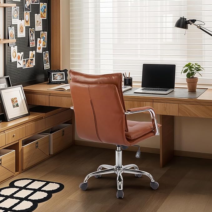 Mid-Back Ergonomic Leather Office Chair, Modern Upholstered Executive Desk Chair with Gold Frame Armrest Computer Task Chair (Caramel &Silver Legs)