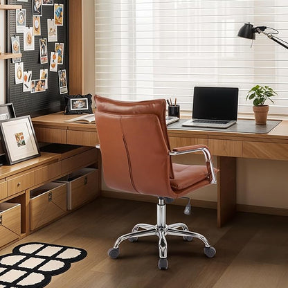 Mid-Back Ergonomic Leather Office Chair, Modern Upholstered Executive Desk Chair with Gold Frame Armrest Computer Task Chair (Caramel &Silver Legs)