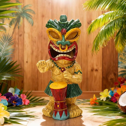 Solar Tiki Garden Statue with LED Eyes Outdoor Polynesian Drummer Hawaiian Party Decor Solar Light Ornament for Patio Porch Lawn Tiki Bar or Tiki Lover Funny Gifts