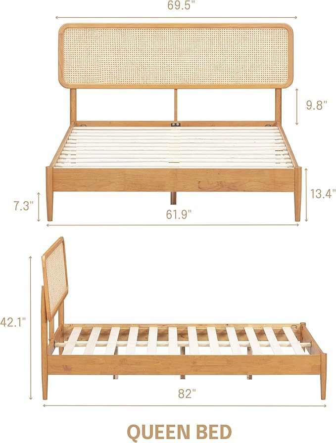 NTC Lupin Wooden Bed Frame with Headboard and Natural Rattan, Solid Oak/Rubber Wood Foundation with Silent Slats, 1000 Lb Capacity, Effortless Assembly (Natural Cane - Rustic Oak, Queen)