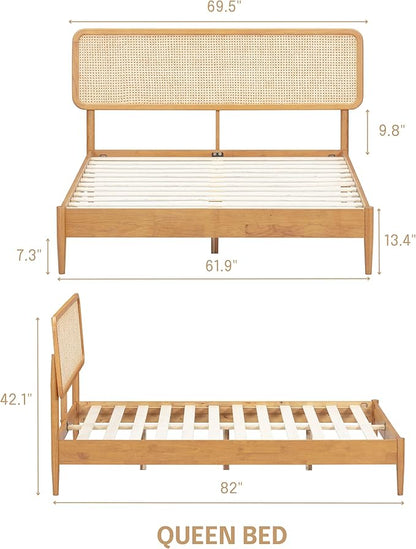 NTC Lupin Wooden Bed Frame with Headboard and Natural Rattan, Solid Oak/Rubber Wood Foundation with Silent Slats, 1000 Lb Capacity, Effortless Assembly (Natural Cane - Rustic Oak, Queen)