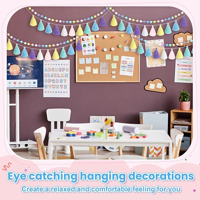 Syhood 4 Pcs Christmas Pom Pom Tassel Garland Felt Pompom Ball Banner Christmas Tassel Garland for Xmas Tree Hanging Decorations Party Supplies Home Decor(Pastel Colors)