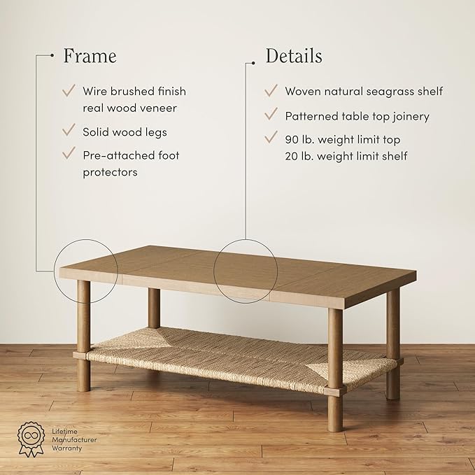 Nathan James Beacon Bohemian Coffee Table with Storage, 2-Tier Rectangle Coffee Table with Solid Wood Legs and Seagrass Shelf, Light Brown