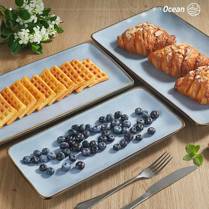 famiware Serving Platter, Rectangular 15.67/14.1/12.6inch Serving Dishes for Entertaining, Reactive Glaze, Stoneware for Party, Food, Turkey, Snack, Cheese, Ocean Series, Blue