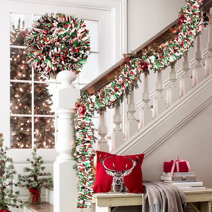50Ft Christmas Tinsel Garland - Red Green White Shiny Metallic Twist Decor for Christmas Tree Home Stairs Railing Front Door Mantle Fireplace Indoor Outdoor Holiday Party