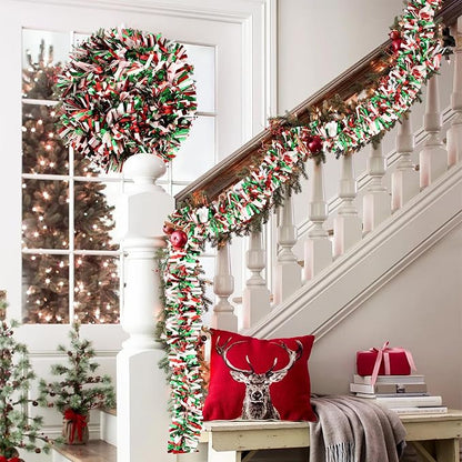 50Ft Christmas Tinsel Garland - Red Green White Shiny Metallic Twist Decor for Christmas Tree Home Stairs Railing Front Door Mantle Fireplace Indoor Outdoor Holiday Party