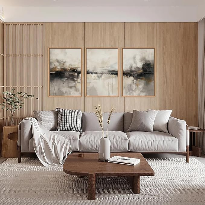 HOURIA Large Neutral Black Brown Framed Canvas Wall Art Set,Abstract Gray Wall Decor,Minimalist Beige Wall Painting,Modern Illustrations Tan Art Print for Living Room, Bedroom, Office- 24"x36"x3