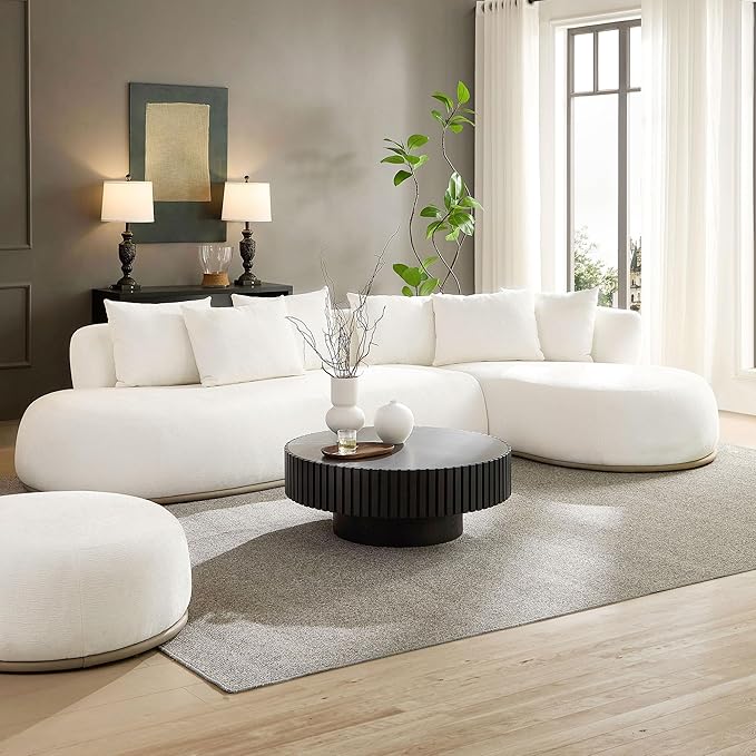 WILLIAMSPACE 134.63" Oversize Curved Sofa Cloud Couch with Round Chaise & Ottoman, Modern Upholstered Curved Sectional Sofa Couch with 6 Pillows for Living Room, No Assembly (Right-Facing,Cream White)