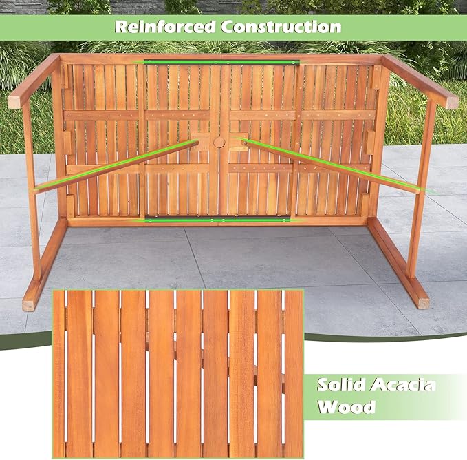 Tangkula Indoor Outdoor Acacia Wood Dining Table for 4-6 Person, Patio Rectangular Dining Table with 2 Inch Umbrella Hole and Support Bars, Outdoor Patio Table