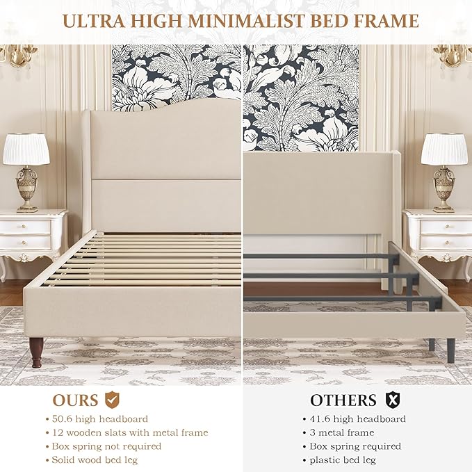 King Size Bed Frame Upholstered Platform Bed with 51" Tall Headboard Wingback, Soft Fabric, Retro Simple Style Platform Bed No Box Spring Needed, Easy Assembly, Beige