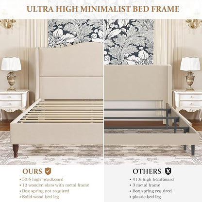 King Size Bed Frame Upholstered Platform Bed with 51" Tall Headboard Wingback, Soft Fabric, Retro Simple Style Platform Bed No Box Spring Needed, Easy Assembly, Beige