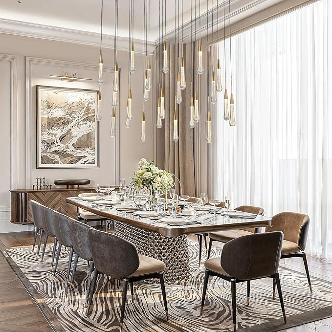 25-Lights Rectangle Gold Raindrop Chandelier with Glass, Luxury Farmhouse Large Linear Chandeliers for Dining Room Over Table, Brass Pendant Ceiling Light Fixture for Kitchen Island