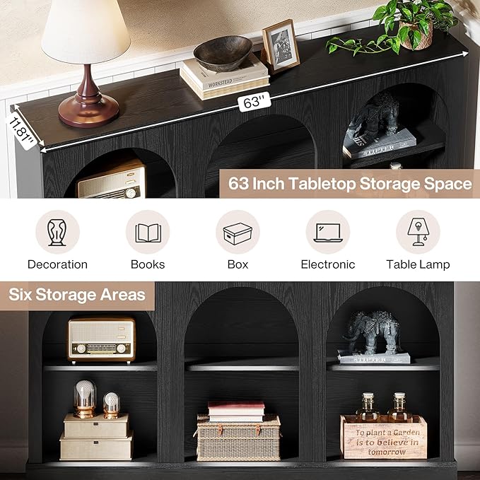 Tribesigns Farmhouse Console Table, 63-Inch Long Entryway Table with 3 Tier Storage, Wooden Rectangular Sofa Table Behind The Couch for Entrance, Hallway, Living Room, Black