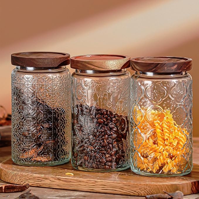 Vintage Glass Jars with Wooden Lids, 2 Pack 34 oz Airtight Glass Food Storage Containers Sets for the Kitchen, Sugar Coffee Candy Spice Cookie Tea Pasta