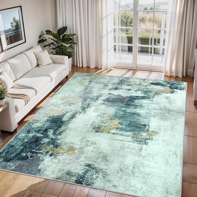 6x9 Area Rugs for Living Room Rug Washable: Abstract Rug for Dining Room Bedroom Carpet Non Slip 6 by 9 Indoor Modern Nursery Home Office Teal Grey Gold