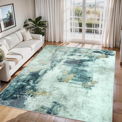 6x9 Area Rugs for Living Room Rug Washable: Abstract Rug for Dining Room Bedroom Carpet Non Slip 6 by 9 Indoor Modern Nursery Home Office Teal Grey Gold