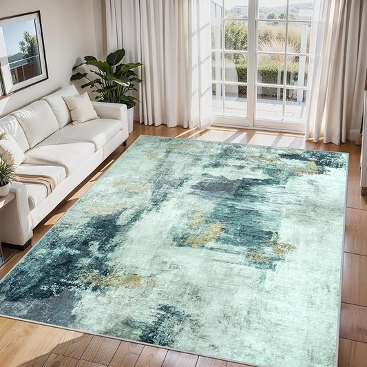 6x9 Area Rugs for Living Room Rug Washable: Abstract Rug for Dining Room Bedroom Carpet Non Slip 6 by 9 Indoor Modern Nursery Home Office Teal Grey Gold