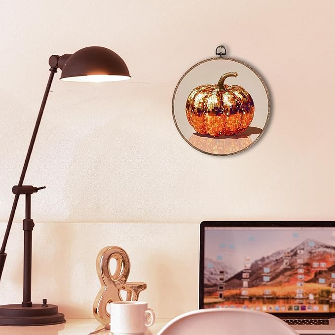 Hxlac Disco Pumpkin Round Wall Art Framed, Glam Disco Ball Orange Pumpkin Round Wall Decor, Trendy Fall Halloween Hanging Canvas Prints Wall Sculptures for Home Living Room Decor, 10x10 Inch