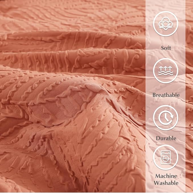 Geniospin Full Size Comforter Set - 7 Pieces Burnt Orange Bedding Set, Botanical Textured Fall Comforter Set, All Season Lightweight Bed in a Bag with Comforter, Sheets, Pillowcases & Shams