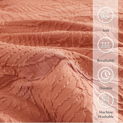 Geniospin Queen Size Comforter Set - 7 Pieces Burnt Orange Bedding Set, Botanical Textured Fall Comforter Set, All Season Lightweight Bed in a Bag with Comforter, Sheets, Pillowcases & Shams