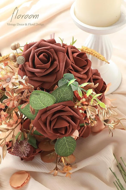 Floroom Artificial Flowers 25pcs Real Looking Terracotta Foam Fake Roses with Stems for DIY Wedding Bouquets Bridal Shower Centerpieces Floral Arrangements Party Tables Home Decorations
