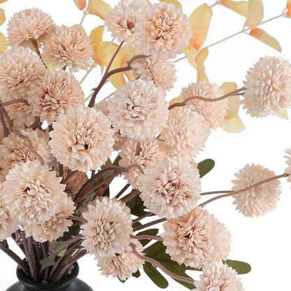 Faux Beige Kiku Flowers 10 Stems & 2 Eucalyptus,Fake Mums Flower Autumn Artificial Chrysanthemums Mini Ball Floral for Table Centerpieces,Silk Fall Faux Mums Flower for Vase Wedding Arrangements Decor