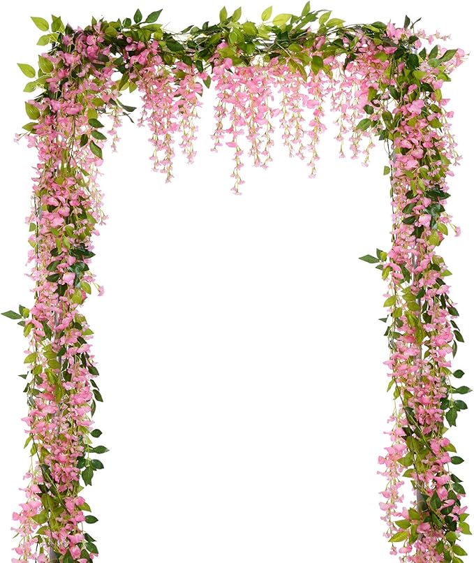 Lvydec Wisteria Artificial Garland, 4 Pcs Total 28.8ft Artificial Wisteria Vine Silk Hanging Flower for Home Garden Outdoor Ceremony Wedding Arch Floral Decor (Pink)