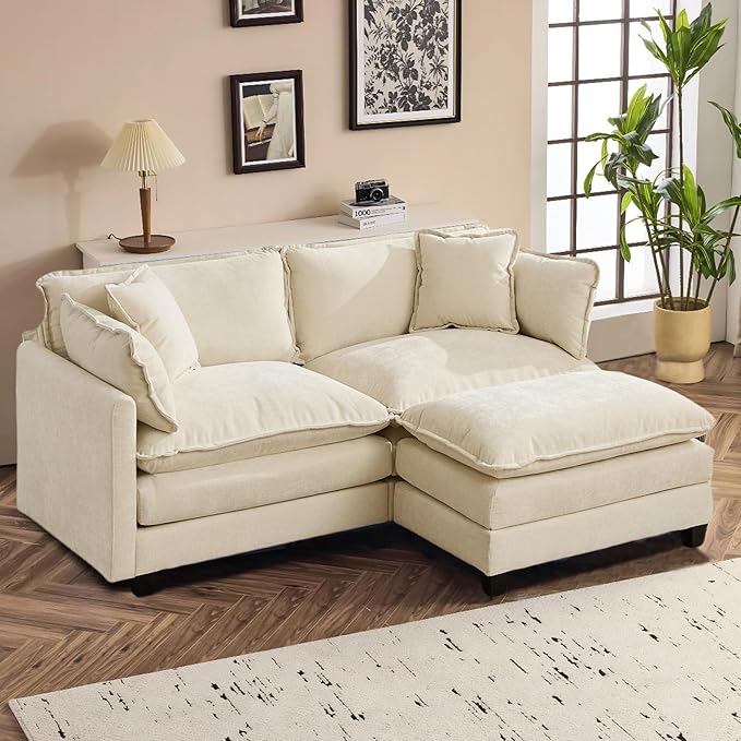 SoarFlash 71.6" Chenille Sectional Sofa, Comfy L Shaped Modular Coush Sofa with Ottoman, Modern 2 Seat Couch Deep Seat Sofa Set for Living Room,Beige