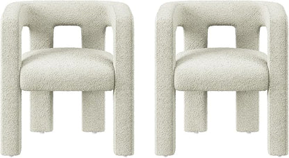 BELLEZE Modern Boucle Barrel Dining Chair Set of 2, Upholstered Linen Kitchen Boucle Armchair with Sidearms and Back, for Dining Room Living Room- Cream
