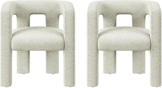 BELLEZE Modern Boucle Barrel Dining Chair Set of 2, Upholstered Linen Kitchen Boucle Armchair with Sidearms and Back, for Dining Room Living Room- Cream